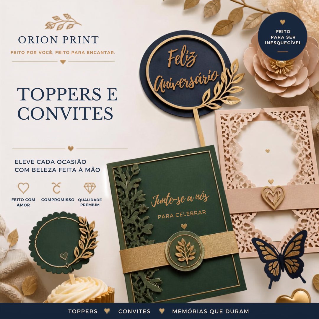 Mockup da linha de toppers e convites da Órion Print: topper de bolo Feliz Aniversário em azul-marinho e dourado, convites verde e dourado com faixa e lacre, convite rendado em rosa e borboleta decorativa