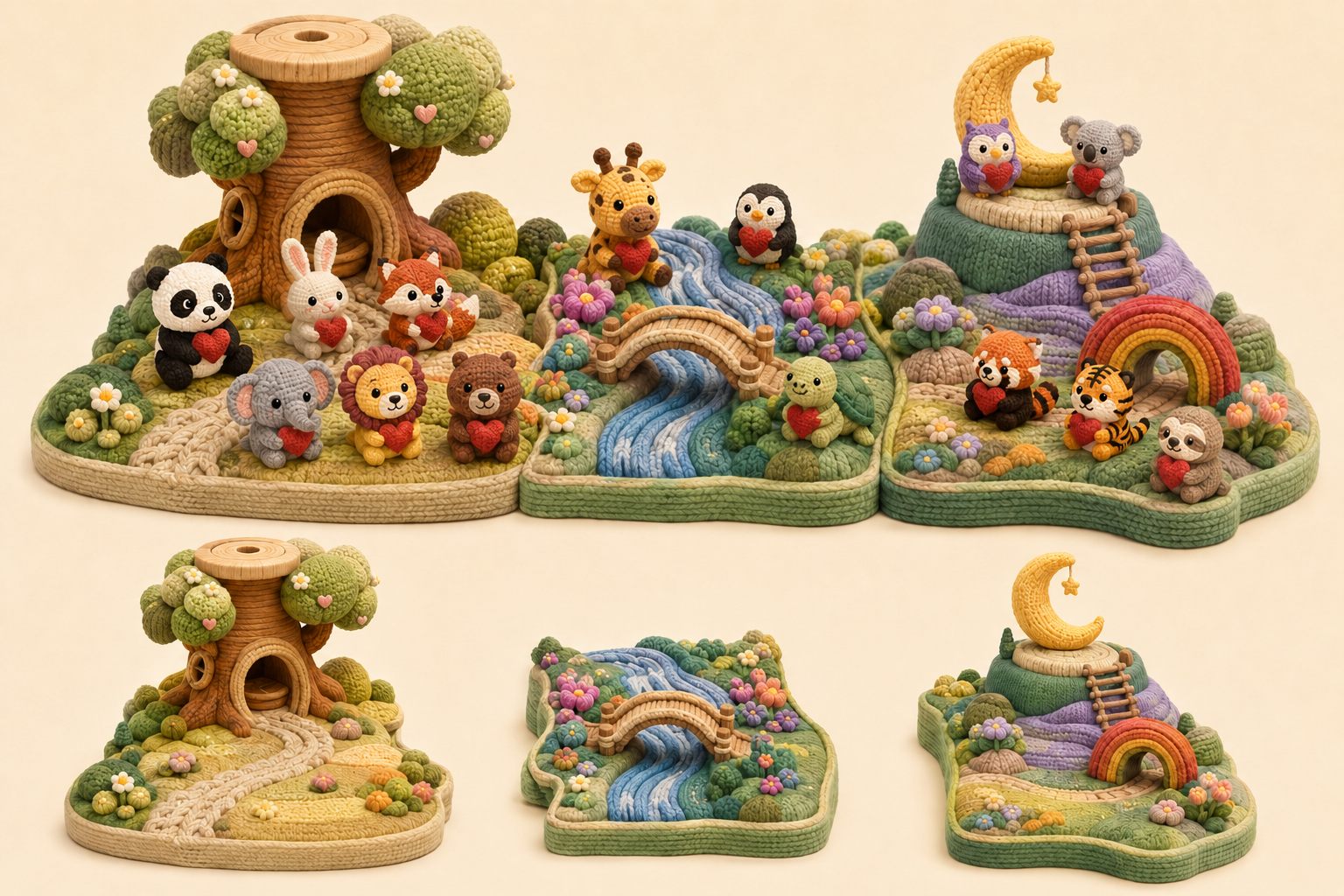 Arte conceitual da linha FioFábula: três módulos de diorama em estética de tricô — árvore com animais, rio com ponte e colina com lua e arco-íris — com bichinhos segurando corações