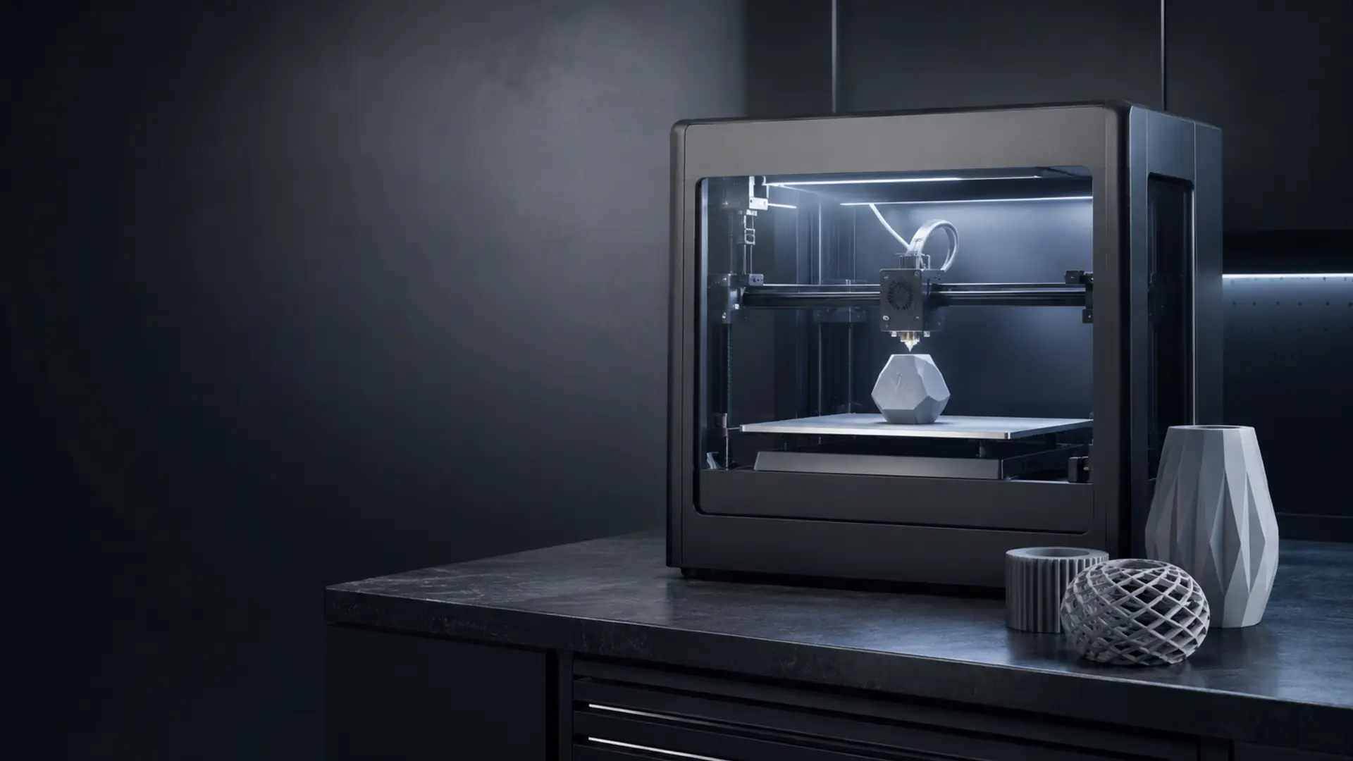 Arte conceitual gerada por IA: impressora 3D em bancada escura, com peças impressas em primeiro plano