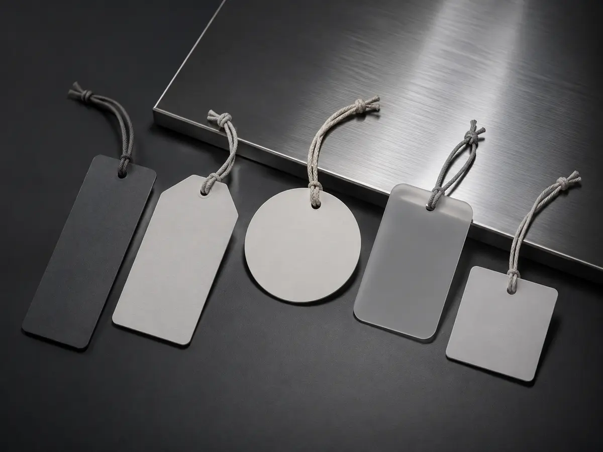 Arte conceitual de etiquetas e hangtags: cinco tags de formatos variados com cordões, em tons de cinza sobre superfície escura