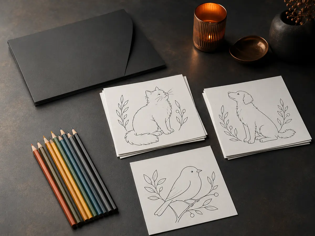 Arte conceitual da linha de colorir: cartões com desenhos de gato, cachorro e pássaro para colorir, lápis de cor e envelope escuro sobre mesa