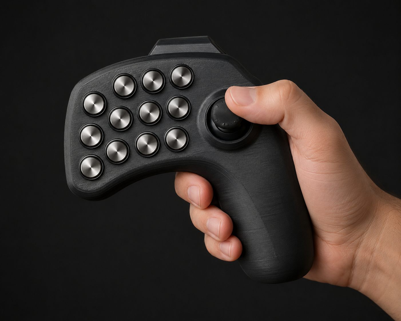 Arte conceitual do controle handheld da linha: controle de mão preto com textura de impressão FDM, doze botões metálicos e stick sob o polegar