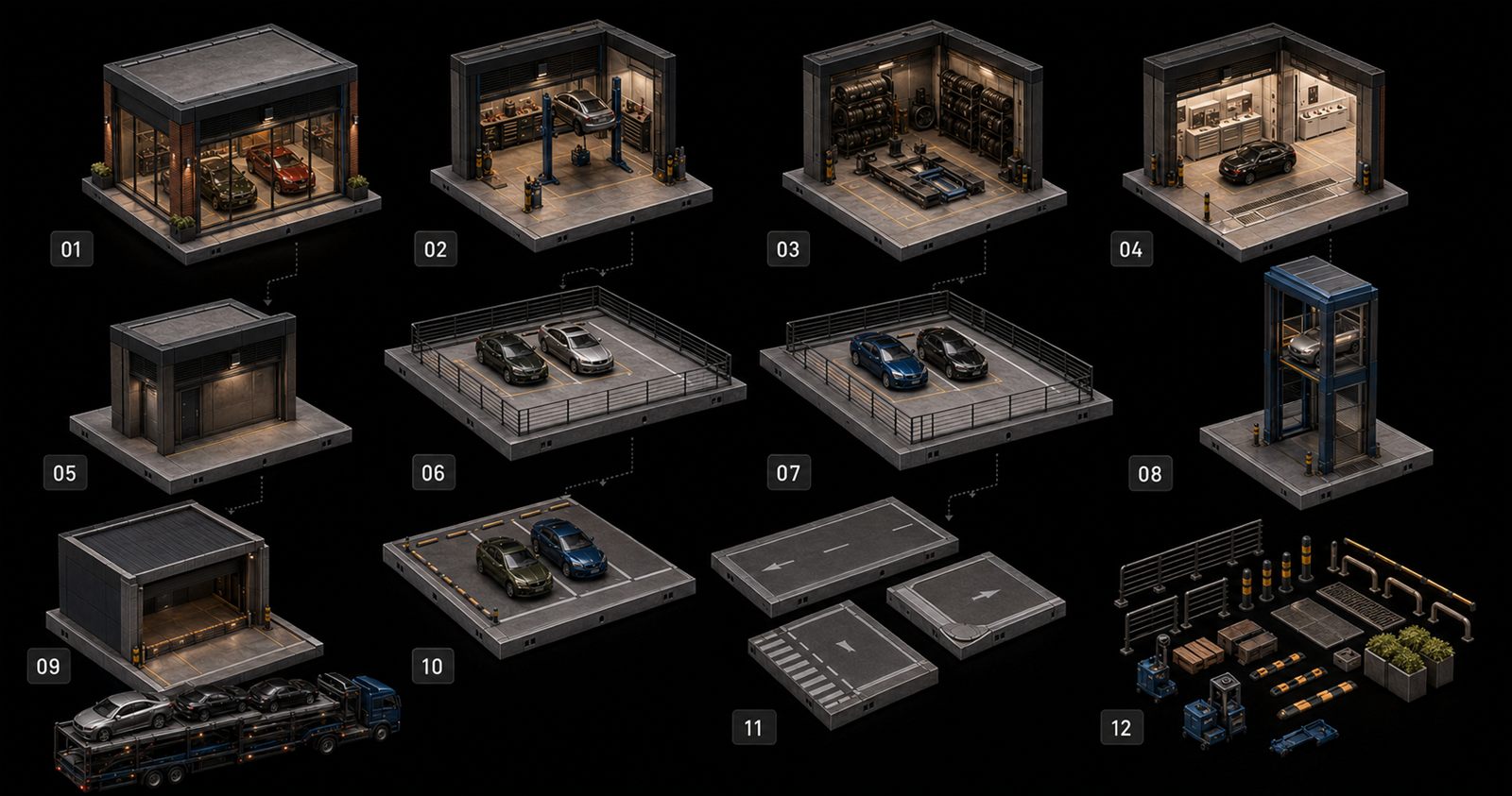 Arte conceitual do sistema de garagem em 12 módulos numerados: vitrine, boxes de serviço, decks de estacionamento, elevador, rampas e acessórios