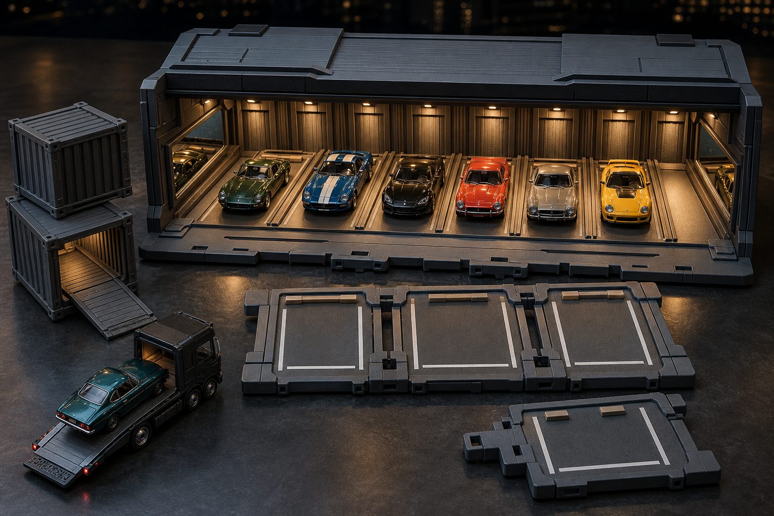 Arte conceitual da direção Premium FDM: contêiner-garagem escuro com sete vagas iluminadas, miniaturas esportivas, contêineres e caminhão-cegonha