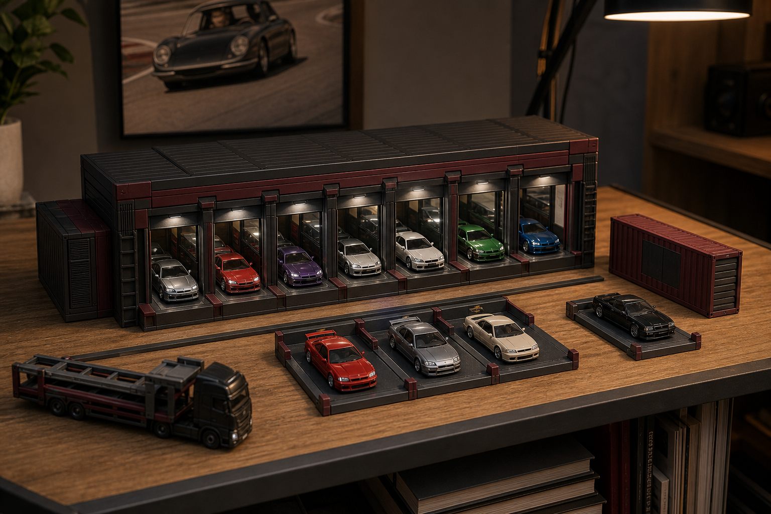 Arte conceitual da direção Lifestyle Colecionador: módulo de garagem sobre escrivaninha de madeira, com miniaturas e caminhão transportador