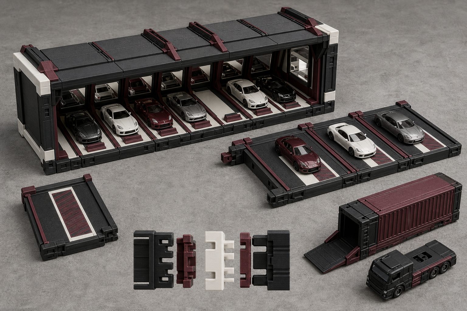 Arte conceitual da direção Sistema Industrial Contemporâneo: estrutura modular preta, branca e vinho com conectores e plataformas desmontadas