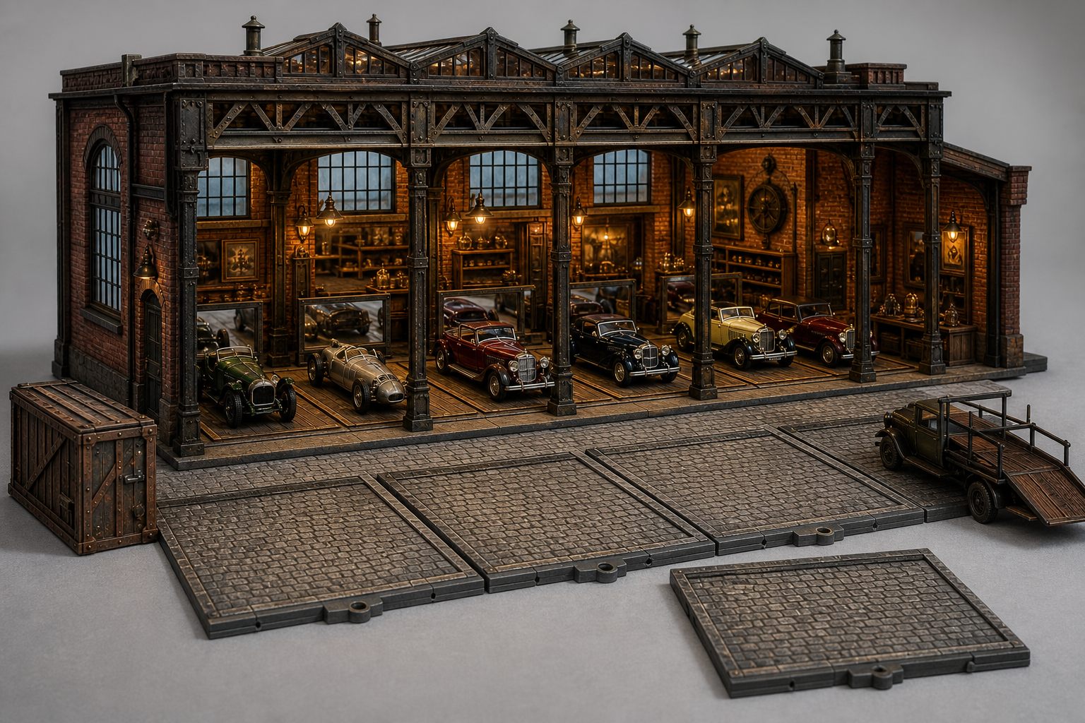 Arte conceitual da direção Era Industrial: galpão de tijolos e ferro com miniaturas de carros clássicos e placas de piso de paralelepípedo