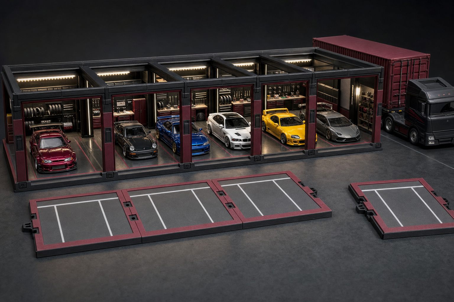 Arte conceitual da direção Tuning Contemporâneo: boxes de oficina iluminados com ferramentas, miniaturas esportivas e placas de piso demarcadas
