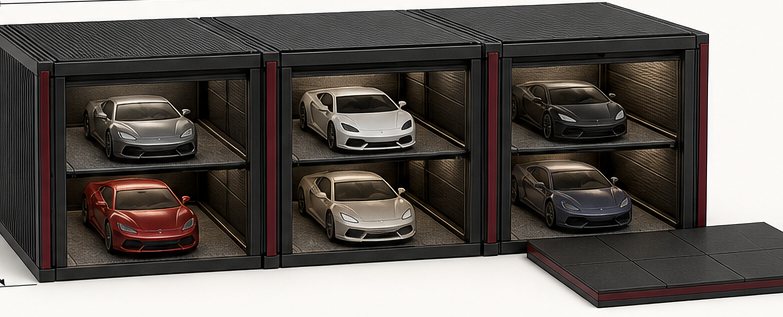 Render conceitual da garagem de seis vagas Premium FDM: três módulos escuros conectados com esportivos em dois níveis e pátio externo modular