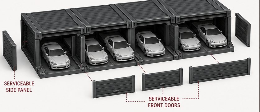 Render conceitual em corte isométrico da garagem industrial de seis vagas, com painéis laterais e portas frontais removíveis indicados