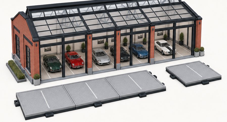 Render conceitual do pavilhão de tijolo com cobertura envidraçada, seis baias com carros clássicos e placas modulares de estacionamento no pátio