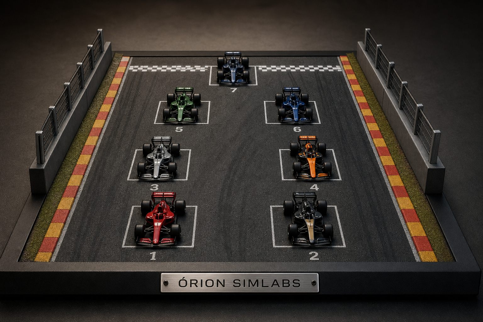 Arte conceitual do diorama de grid de largada: sete carros de fórmula em posições numeradas, linha quadriculada, barreiras e placa Órion SimLabs