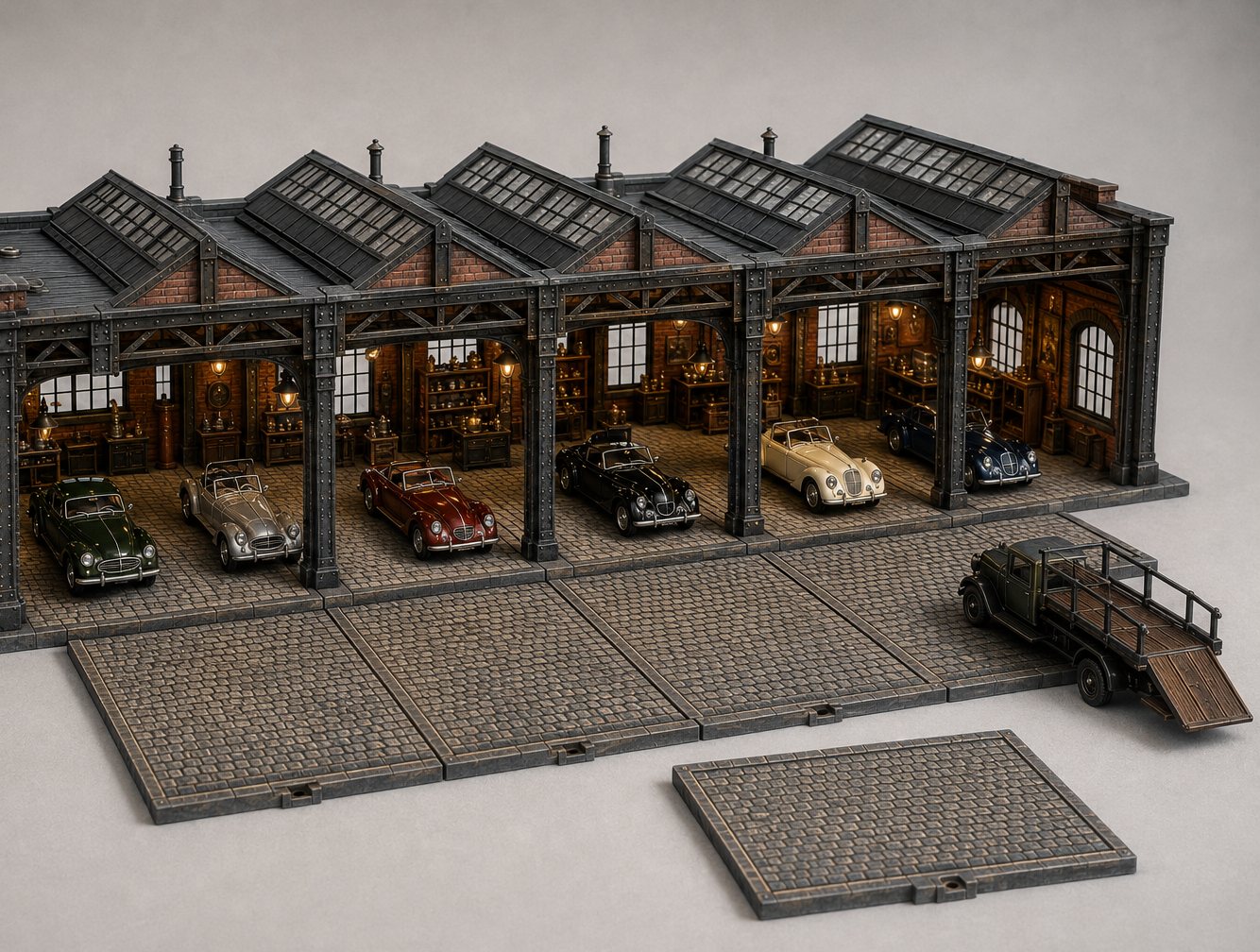 Arte conceitual do diorama de era industrial (atlas v0.4): galpão de tijolo e ferro com seis baias iluminadas, carros clássicos em miniatura, placas modulares de paralelepípedo e caminhão-plataforma no pátio