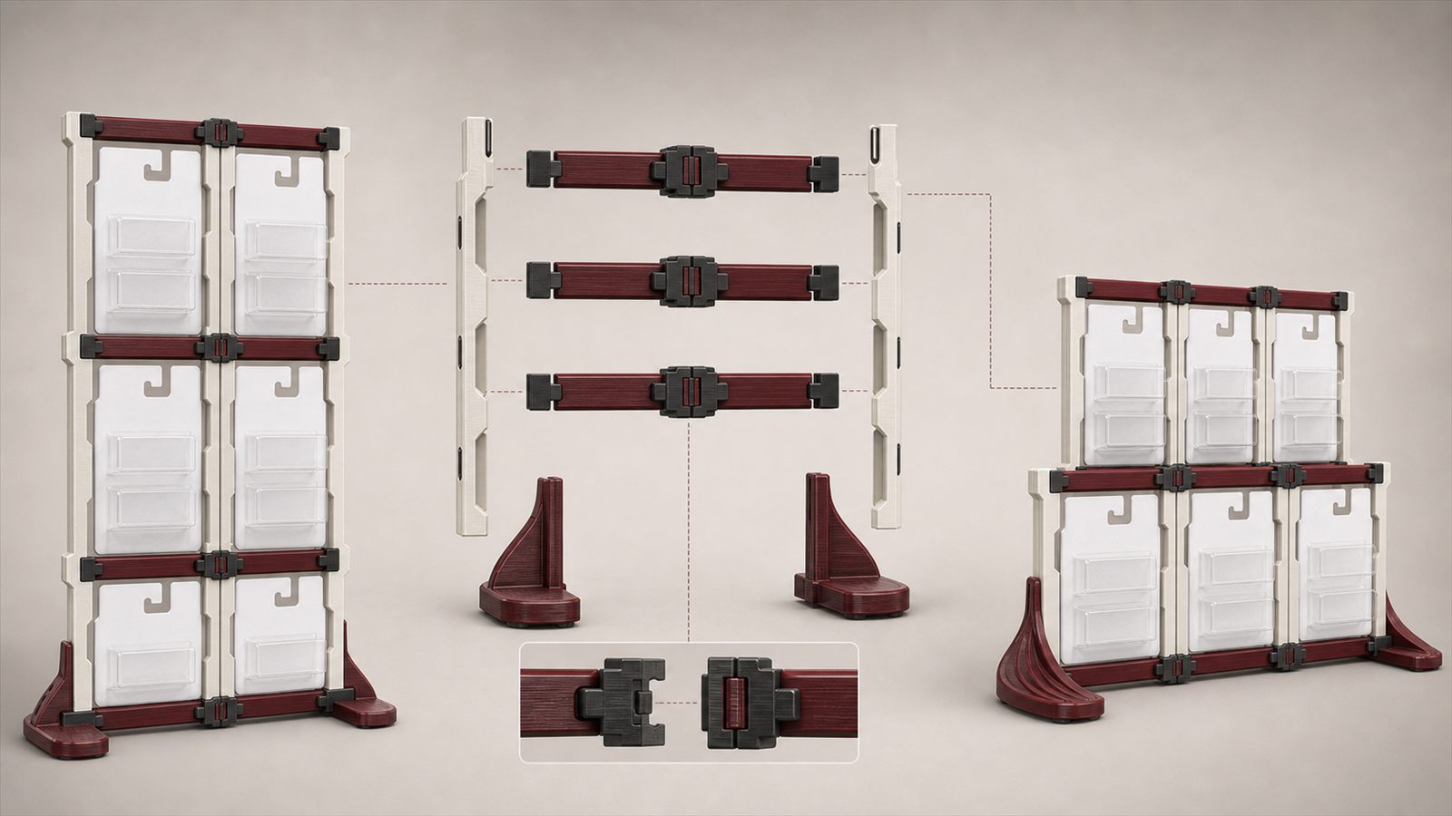 Arte conceitual do sistema: torre vertical 2×3, componentes desmontados com detalhe do encaixe dovetail e configuração horizontal 3×2 com as mesmas peças