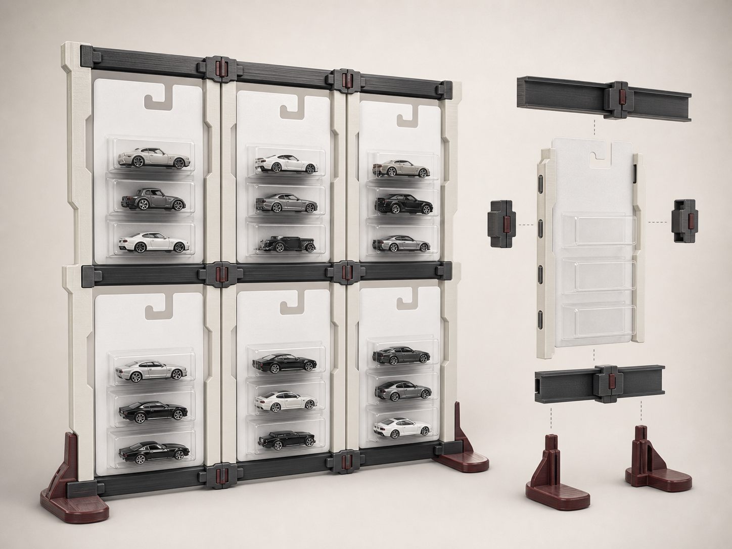 Arte conceitual da configuração RailGrid: parede modular 3×2 com painéis porta-blister entre trilhos escuros, pés de apoio em bordô e, ao lado, a vista explodida de um painel com trilhos, conectores e a bandeja transparente
