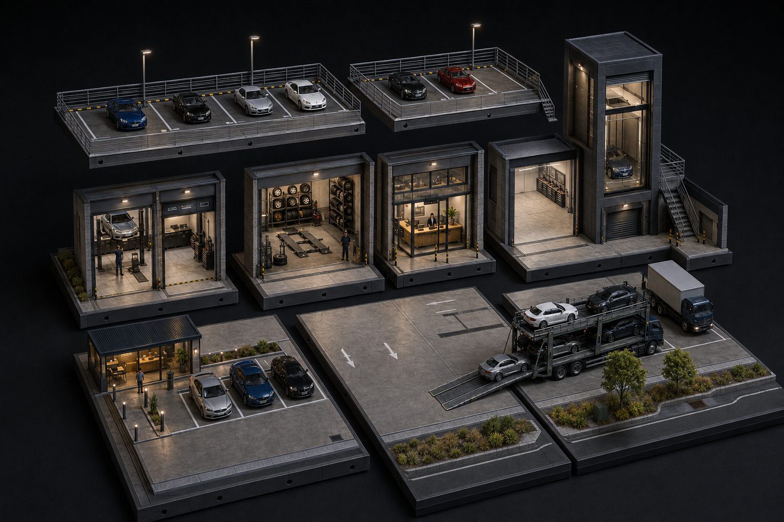 Arte conceitual do campus de serviços explodido em módulos: boxes de serviço, torre de elevador, decks de estacionamento e caminhão-cegonha