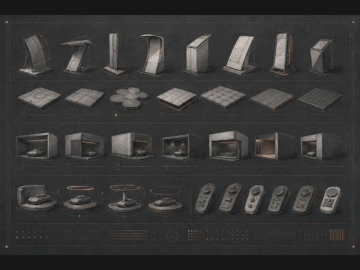 Arte conceitual da série de conceitos: prancheta escura com esboços de stands, bases modulares, garagens para miniaturas e controles