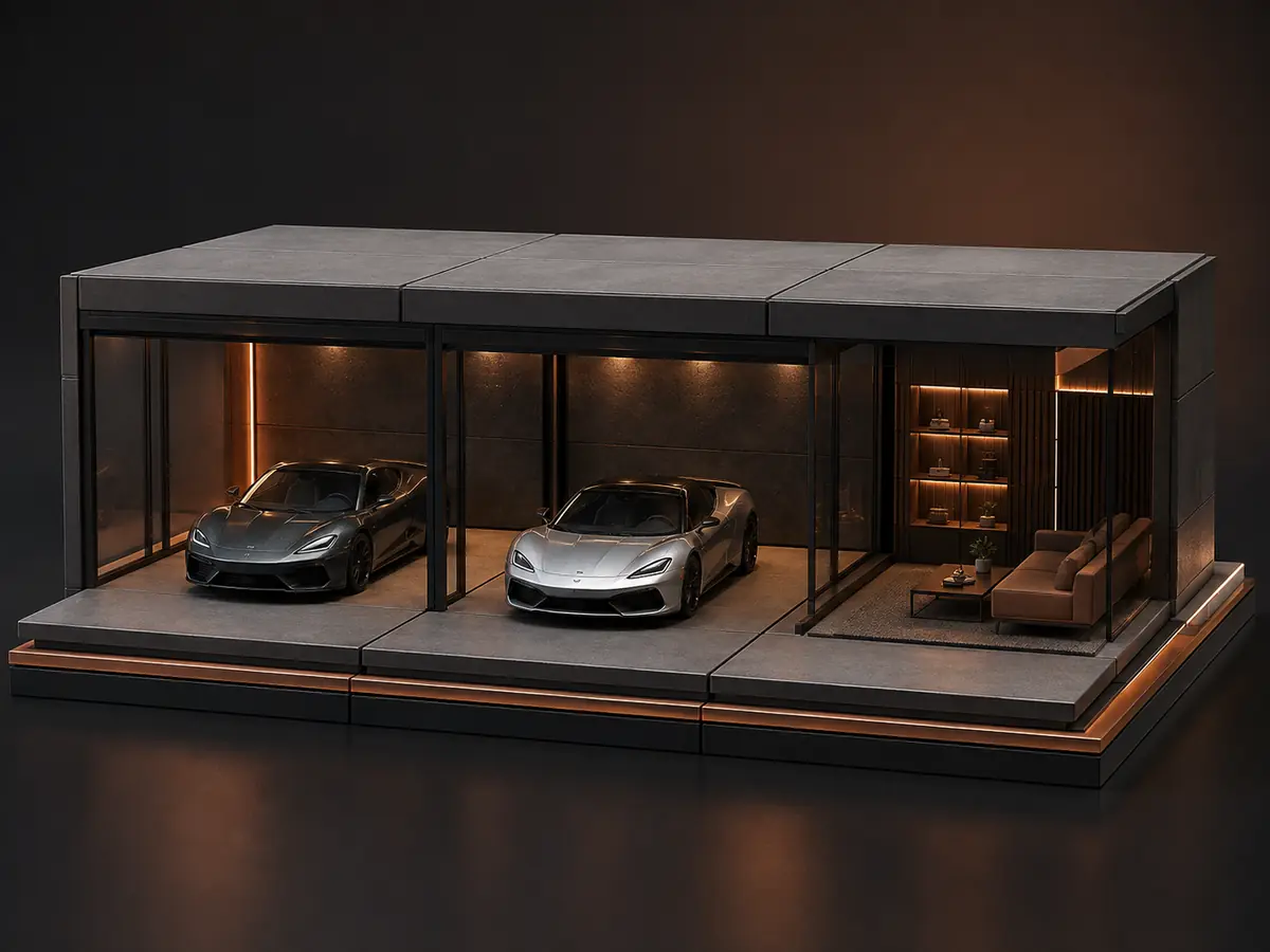 Arte conceitual da garagem de luxo modular: pavilhão envidraçado com dois esportivos em vagas iluminadas e lounge com sofá e vitrines ao lado