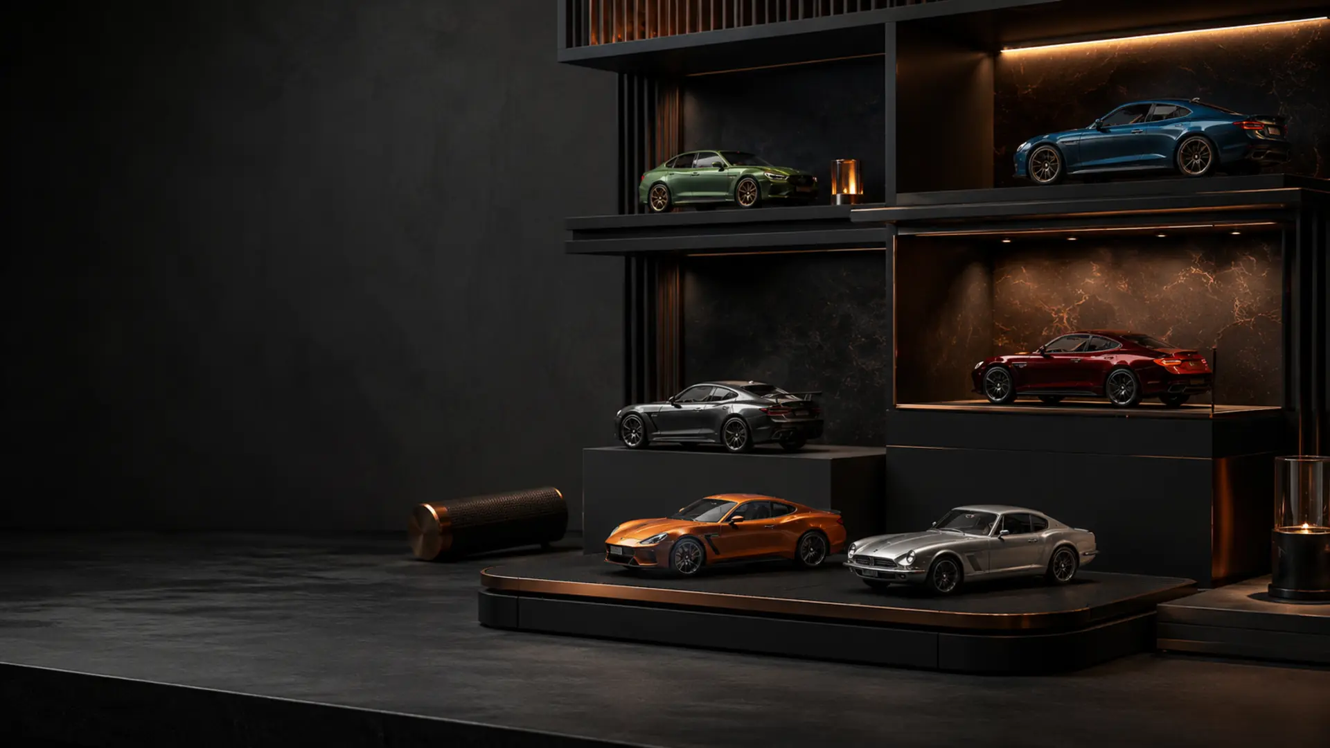 Arte conceitual gerada por IA: estante escura com miniaturas de carros em displays iluminados