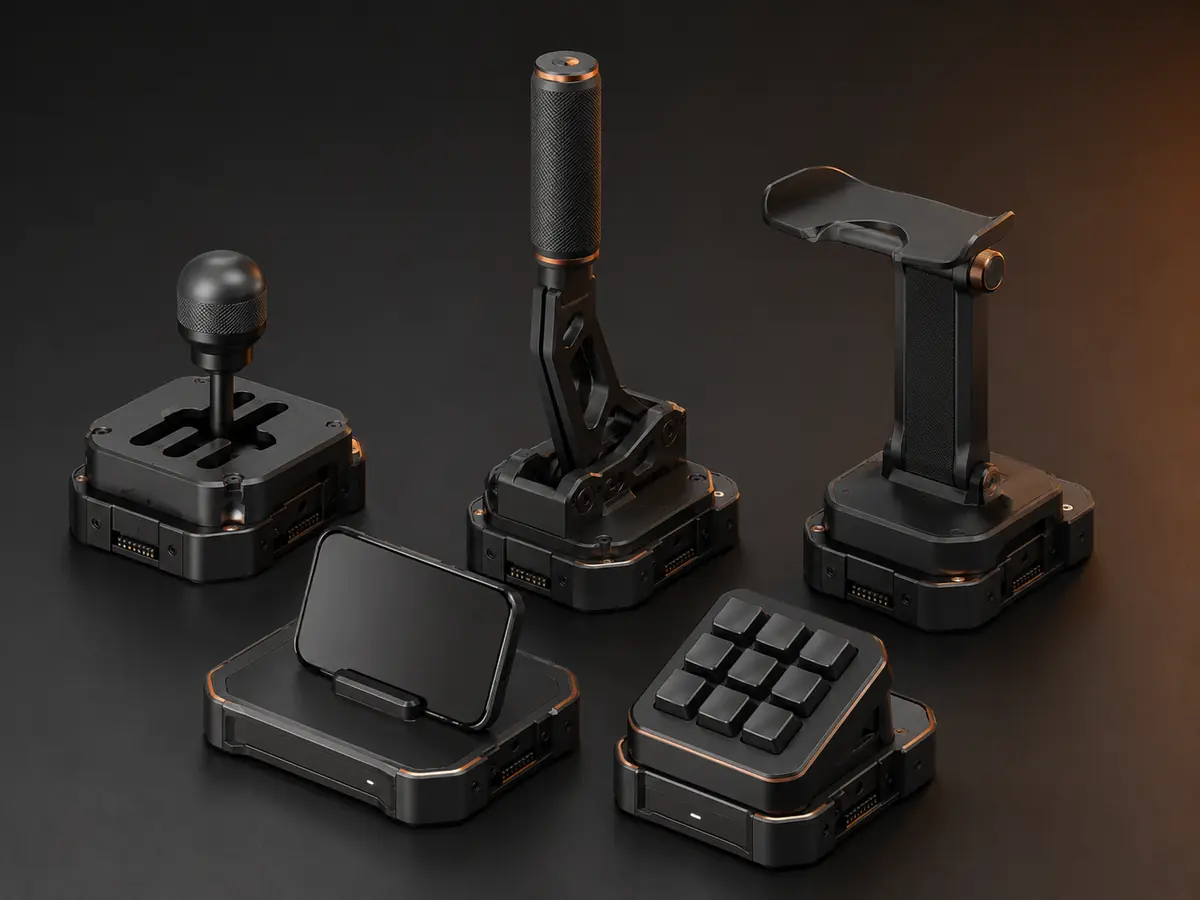 Arte conceitual dos acessórios de simulação: shifter, freio de mão, suporte de headset, base de telefone e macro pad sobre bases modulares escuras