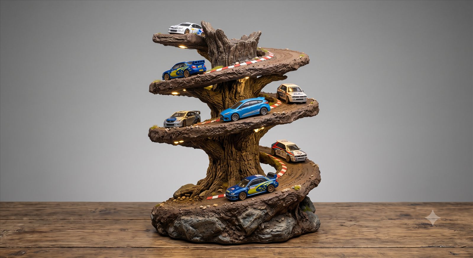 Arte conceitual do display Tree: árvore com pista espiral de rali iluminada e miniaturas de carros de rali