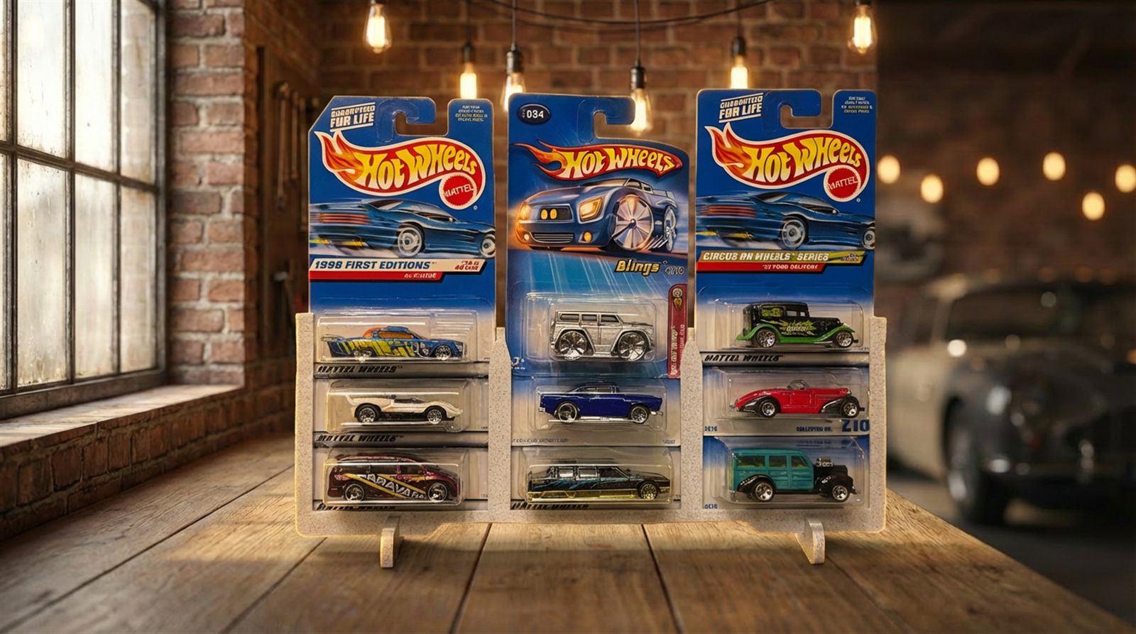 Arte conceitual do display Triptych em ambiente de garagem: suporte claro em arranjo 3×3 com nove embalagens blister de miniaturas sobre mesa de madeira